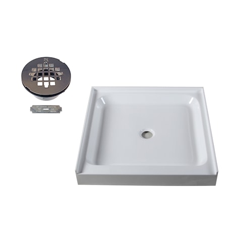Westbrass Shower Pan 36 x 36 3-Wall W/ Center Plastic  Drain W/ Modern Cross Grid in Polished Chrome HPG3636WHP-26